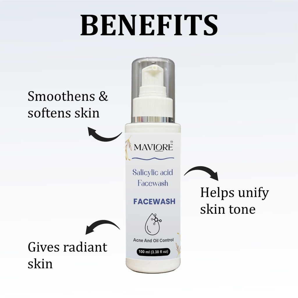 Maviore 2% Salicylic Acid Face Wash, Acne and Oil Control, Fights Clogged Pores, Brightens Skin, 100 ml