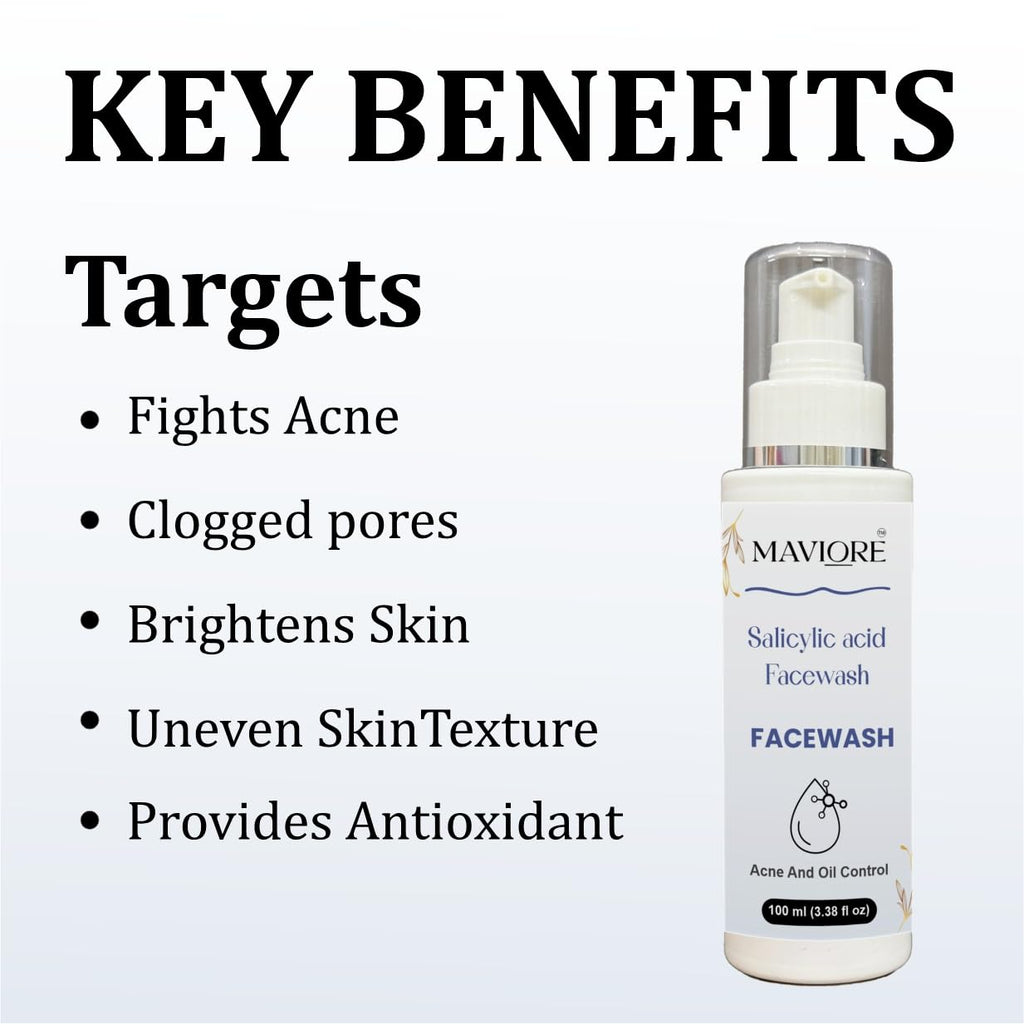 Maviore 2% Salicylic Acid Face Wash, Acne and Oil Control, Fights Clogged Pores, Brightens Skin, 100 ml
