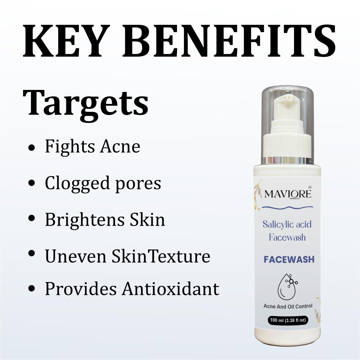 Maviore 2% Salicylic Acid Face Wash, Acne and Oil Control, Fights Clogged Pores, Brightens Skin, 100 ml