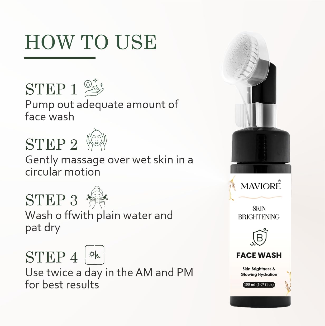 MAVIORE Brightening Face Wash with Brush Applicator | Deep Cleansing, Hydrating Formula | Fresh & Radiant Look | All Skin Types | 150 ml