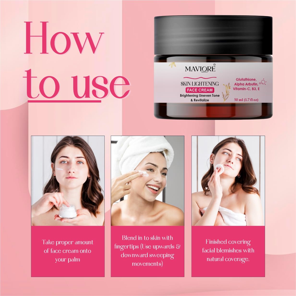 Maviore Skin Lightening Face Cream with Glutathione, Alpha Arbutin, Vitamin-C, B3, E, Brightening and Revitalising, 50 ml