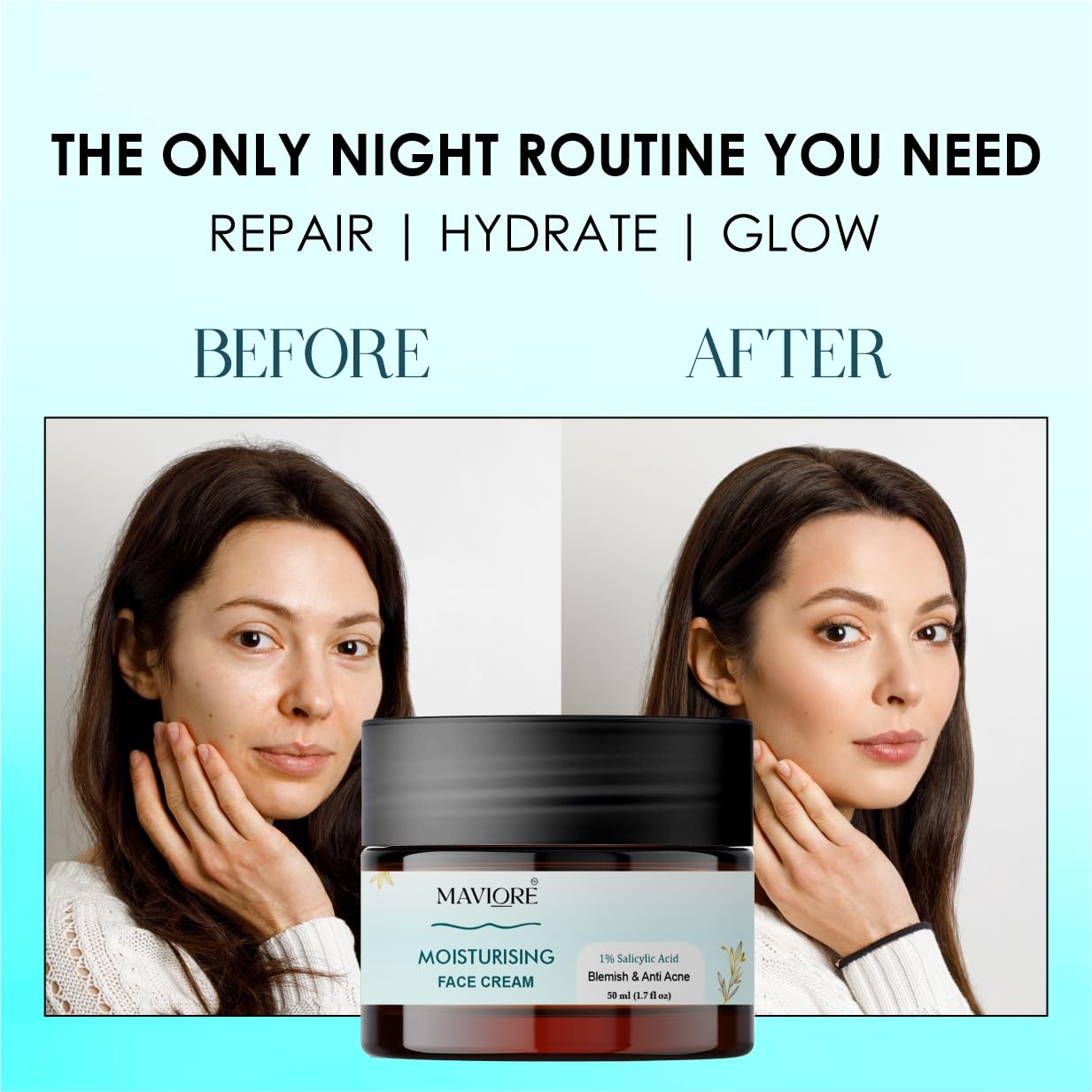 Maviore Moisturising Face Cream with 1% Salicylic Acid, Blemish & Anti Acne, Repairs & Hydrates Skin, 50 ml