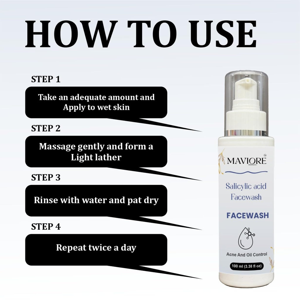 Maviore 2% Salicylic Acid Face Wash, Acne and Oil Control, Fights Clogged Pores, Brightens Skin, 100 ml