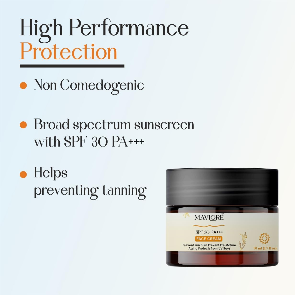 MAVIORE SPF 30 PA+++ Face Cream | Daily Use Moisturizer with Sun Protection | Lightweight & Non-Sticky | For All Skin Types | 50 ml