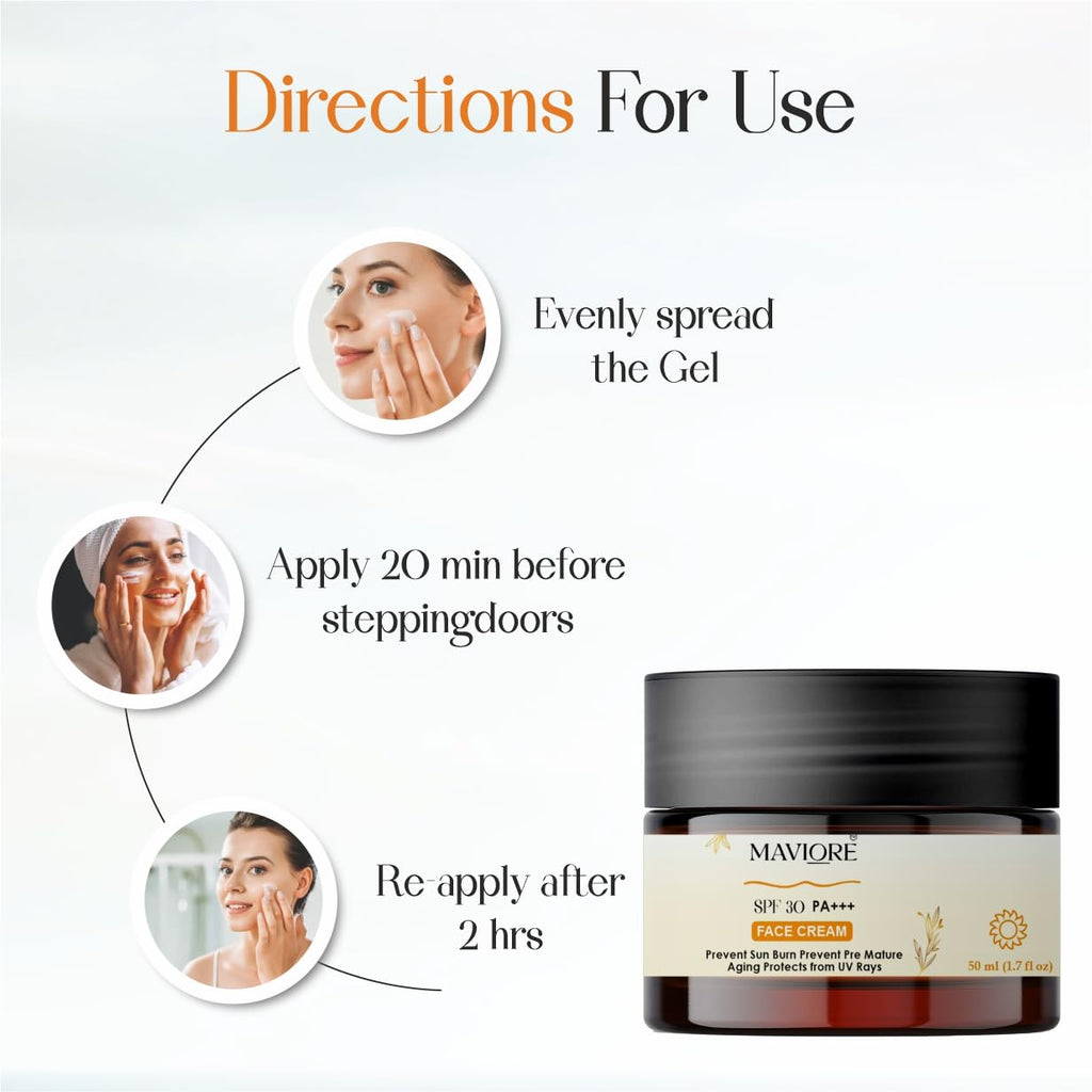 MAVIORE SPF 30 PA+++ Face Cream | Daily Use Moisturizer with Sun Protection | Lightweight & Non-Sticky | For All Skin Types | 50 ml