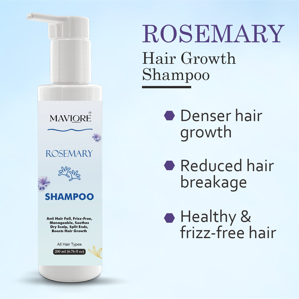 MAVIORE Rosemary Shampoo, Anti Hair Fall, Frizz-Free, Boosts Hair Growth, All Hair Types, 200 ml