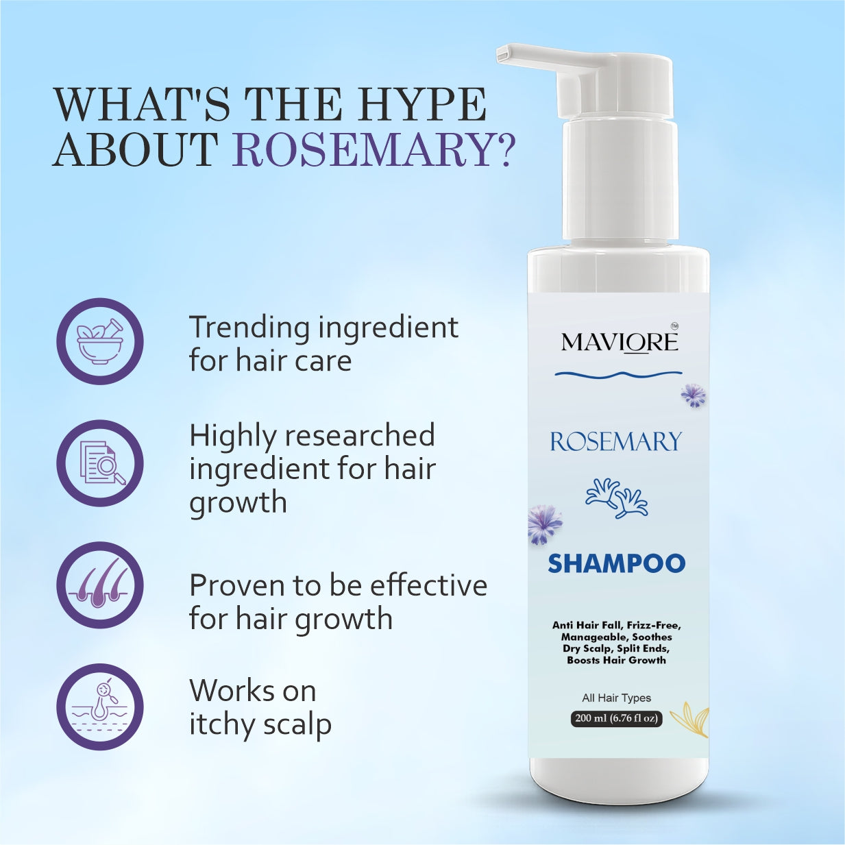 MAVIORE Rosemary Shampoo, Anti Hair Fall, Frizz-Free, Boosts Hair Growth, All Hair Types, 200 ml